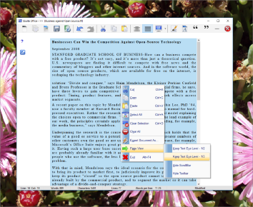 This writers tool has just enough functionality to start you on writing that important novel, short-story or article, without any bells and whistles to distract you. Get writing from the first moment you start the application. It has all the important functions and text formatting needed to get you busy. It also has custom page settings for easier viewing of your document. Keep the cursor at eye level for best focus and writing. Conforms to a full page size for best viewing of script. Full statistics are visible on the status bar, keeping you abreast of your text document as you type. There is also no java or .Net required to run this application, keeping it very small and portable and very useful. It has all the necessary editing short-cut keys for power users. See the blue question mark for more info{F1-key}.