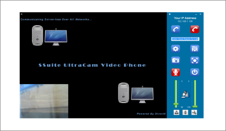 Screenshot of SSuite UltraCam Video Phone Powered by the DirectX platform. This video phone runs on any LAN or Wi-Fi system with real time, 30fps, screen video capture. Compatible with the latest Desktops, Laptops, and Surface Pro tablets. For Windows 7, 8, and 10 and beyond. This application is highly hardware dependant.